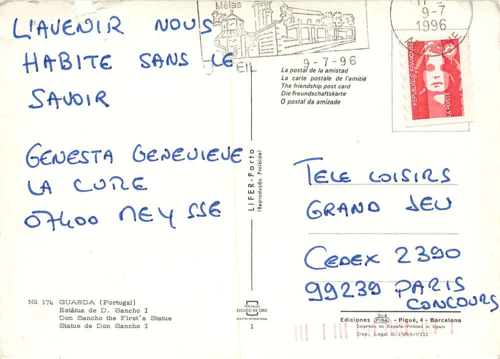 Beeld van Don Sancho I — Guarda (Portugal) — Uitgever LIFER-PORTO, n° 174 - Achterkant