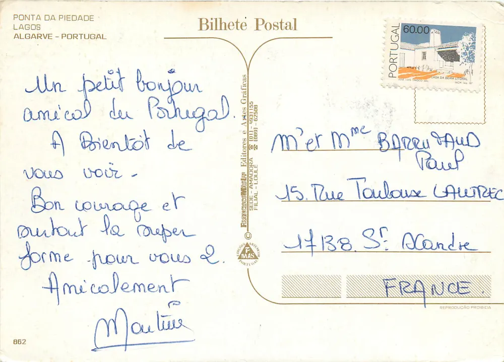 Ponta da Piedade — Lagos — Algérve — Éditeur Bilhete Postal - Verso