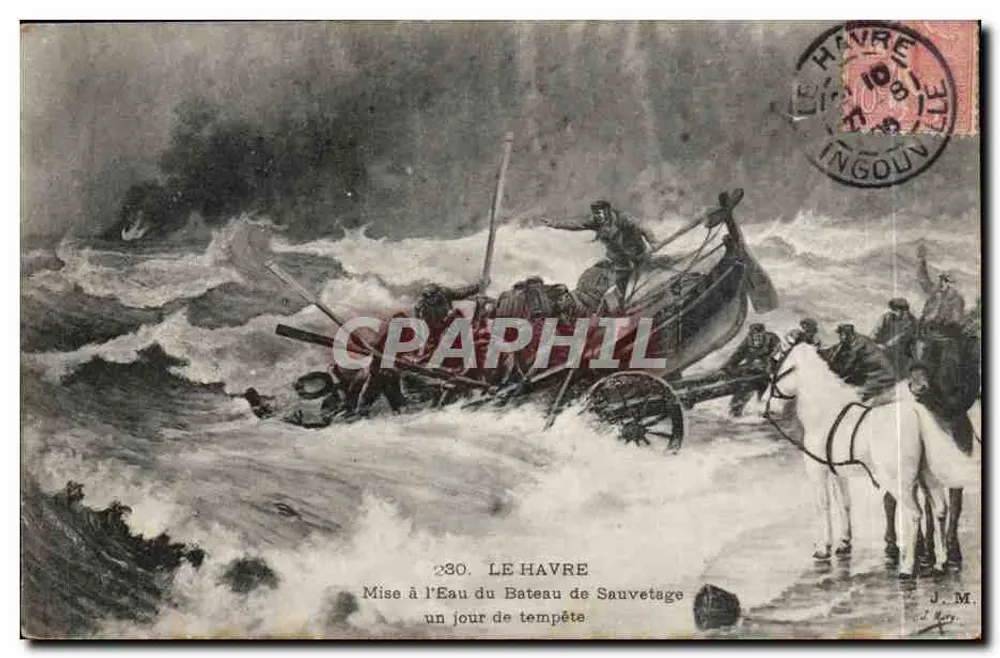 Le Havre — Mise à l'eau du bateau de sauvetage un jour de tempête — J. M. (éditeur ?) - Recto