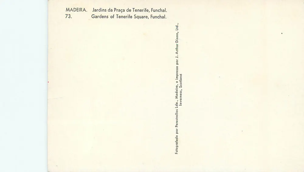 Jardins da Praça de Tenerife, Funchal — Madeira — éditeur J. Arthur Dixon, Ltd., Inverness, Scotland, n° 73 - Verso