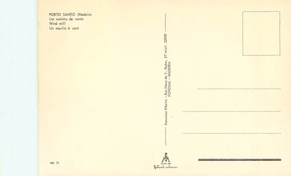 Porto Santo (Madeira) — Mulino a vento — Francisco Ribeiro, Funchal - Verso
