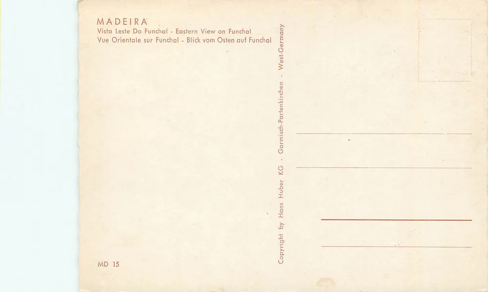 Madeira — Vista oriental de Funchal — editor Hans Huber KG, n° MD 15 - Verso