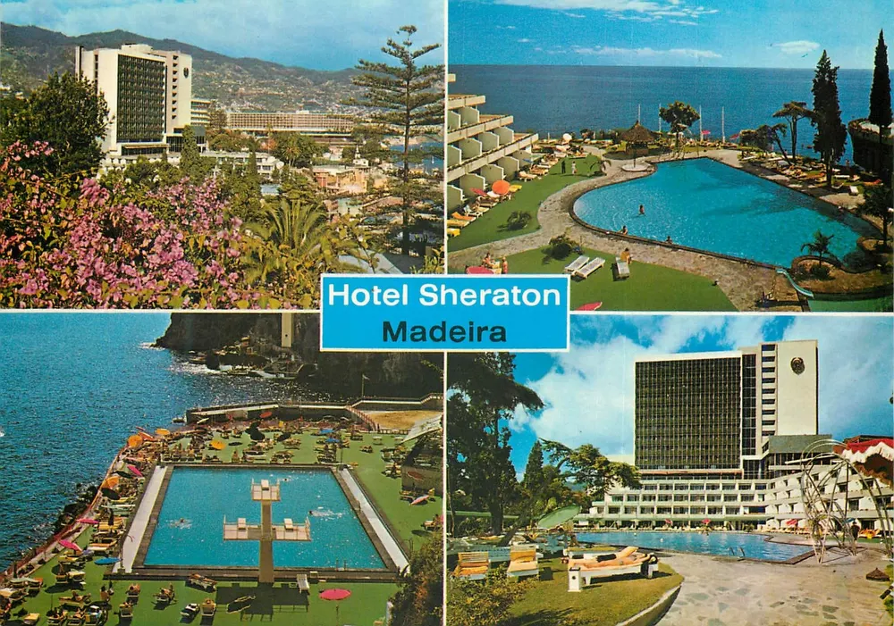 Hotel Sheraton Madeira — vista panoramica delle piscine e del palazzo — editore Hans Huber KG - Recto
