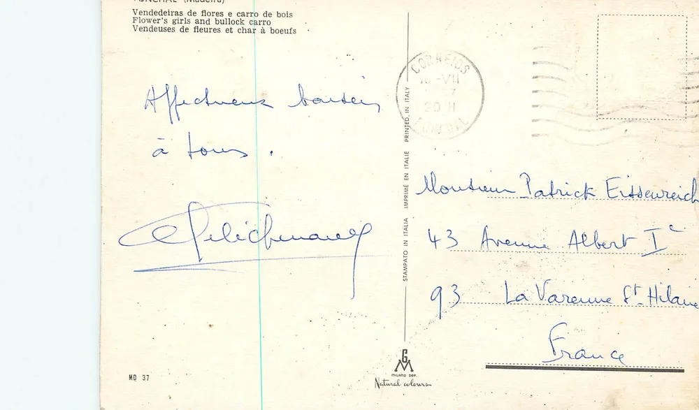 Vendedoras de flores e carruagem puxada por bois — Funchal (Madeira) — série MO 37, editor C.A. Imola - Verso