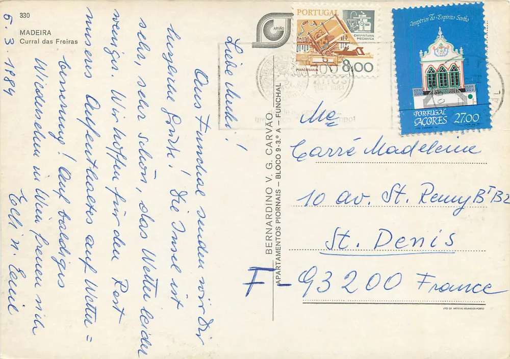 Vistas de Madeira — Curral das Freiras — editor Bernardino V. G. Carvão, n° 330 - Verso