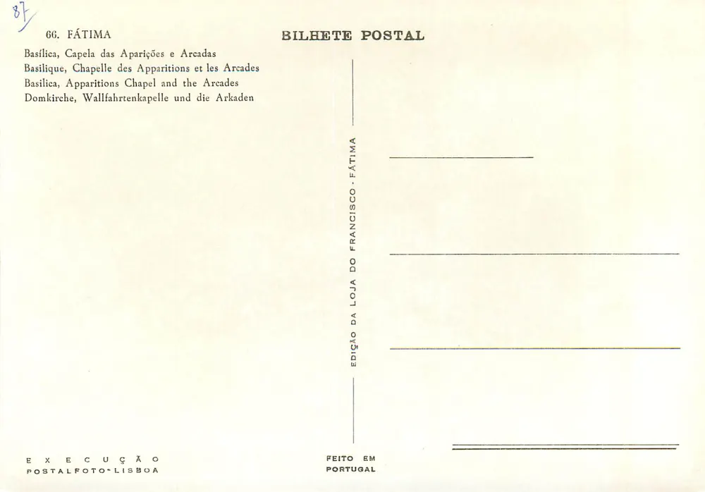 Fátima — Basilika, Kapelle der Erscheinungen und die Arcaden — Edition Francisco, Fátima - Rückseite