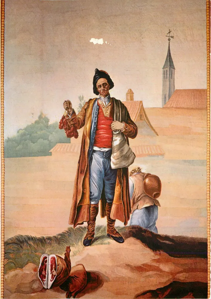 Palácio de El Escorial — Tapeçaria "El choriceró Pedro Rico de Candelario" — Bayeu, S. XVIII - Frente