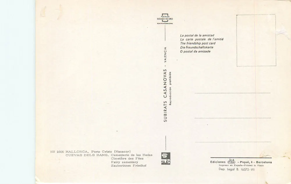 Cuevas dels Hams — Malloca — Verlag Subirats Casanovas, Nr. 1666 - Rückseite