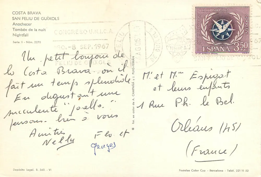 Costa Brava — San Feliu de Guíxols — Abend — Farbfoto von A. Campanà y J. Puig-Ferrán — Serie II, Nr. 2270 - Rückseite