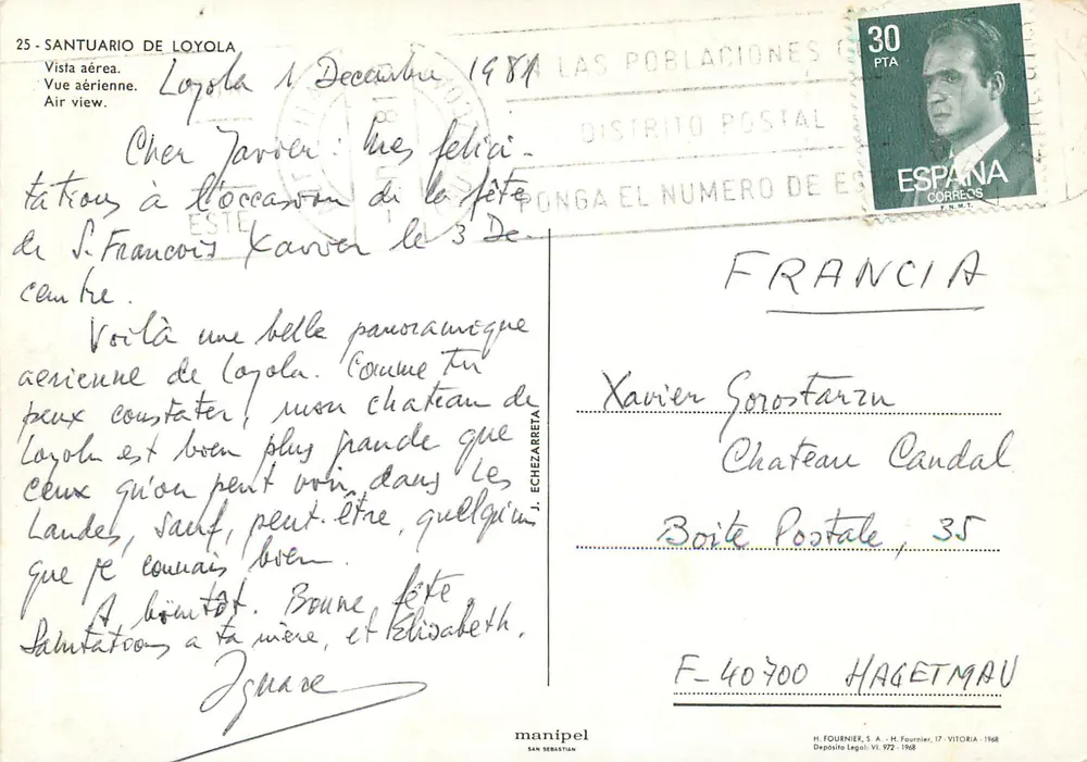 Santuario de Loyola — Vue aérienne — H. Fournier, 17-Vitoria-1968 - Verso