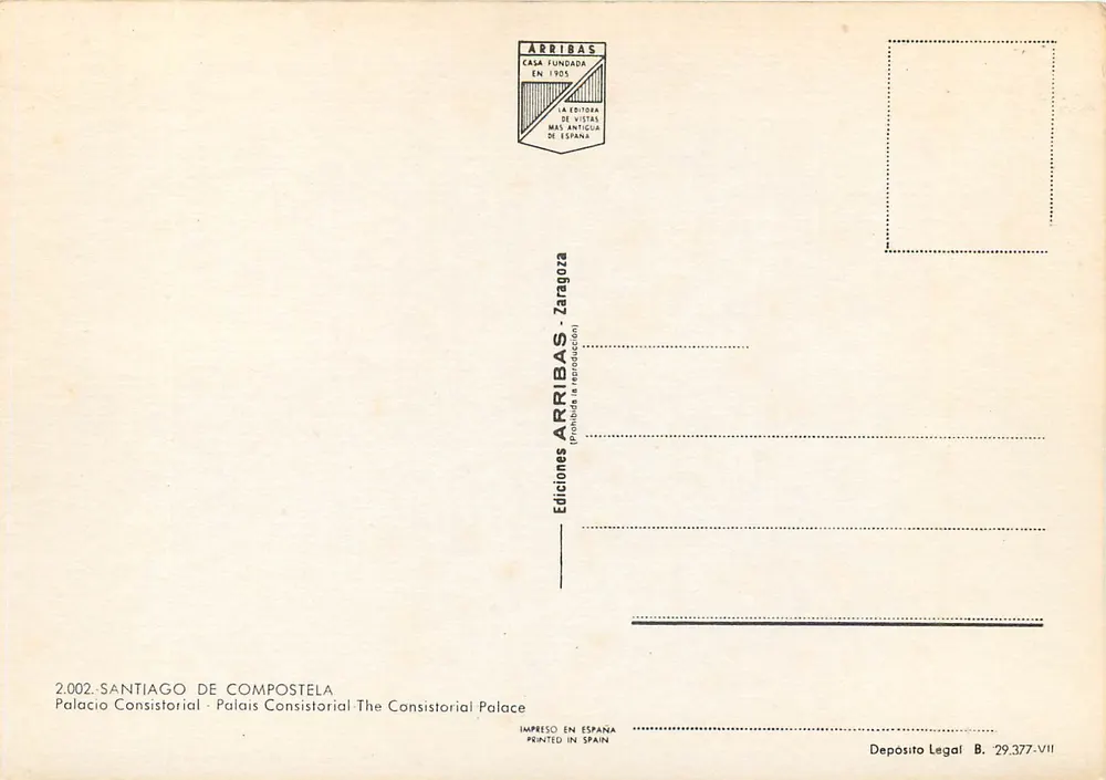 Palácio Consistorial — Santiago de Compostela — Edições Arribas - Verso