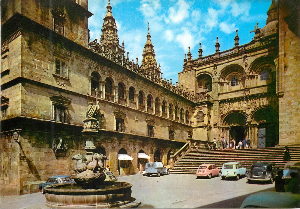 Santiago de Compostela — Fontäne und Fassade der Platerías — Arribas, Zaragoza - Vorderseite