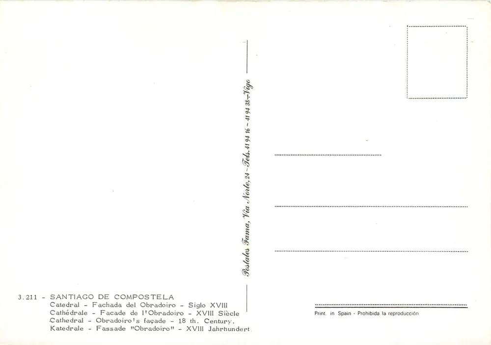 Santiago de Compostela — Kathedrale, Fassade des Obradoiro — 18. Jahrhundert — Postales Frana, n° 3.211 - Rückseite