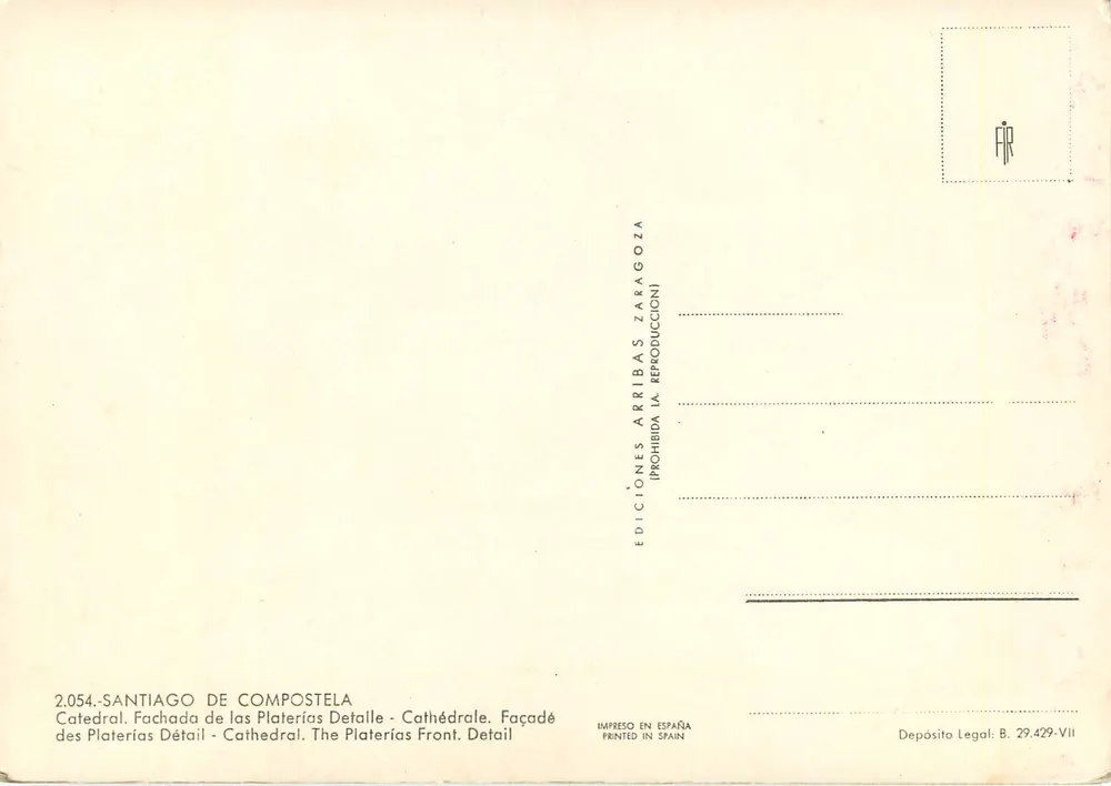 Santiago de Compostela — Kathedrale, Fassade der Platerías — Editionen Arribas Zaragoza, Nr. 2.054 - Rückseite