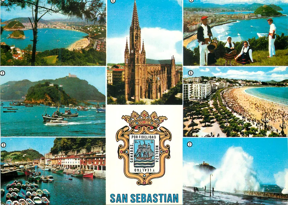 San Sebastián — vista panorâmica, catedral, praia, porto, tempestade — editor H. Fournier, série 108 - Frente