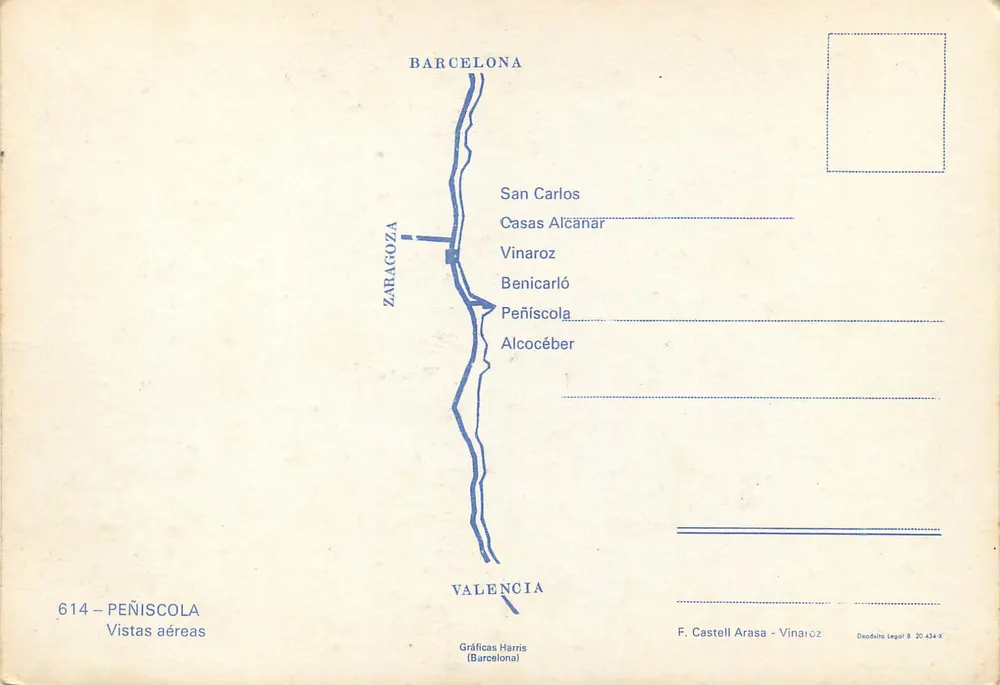 Peníscola — vista aérea — Gráficas Harris (Barcelona) n°614 - Verso