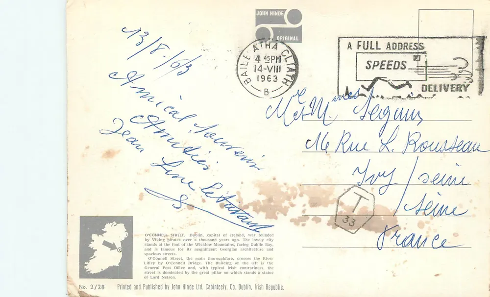 Nelson's Pillar und das General Post Office, O'Connell Street, Dublin, Irland — Farbfoto von John Hinde, F.R.P.S. - Rückseite