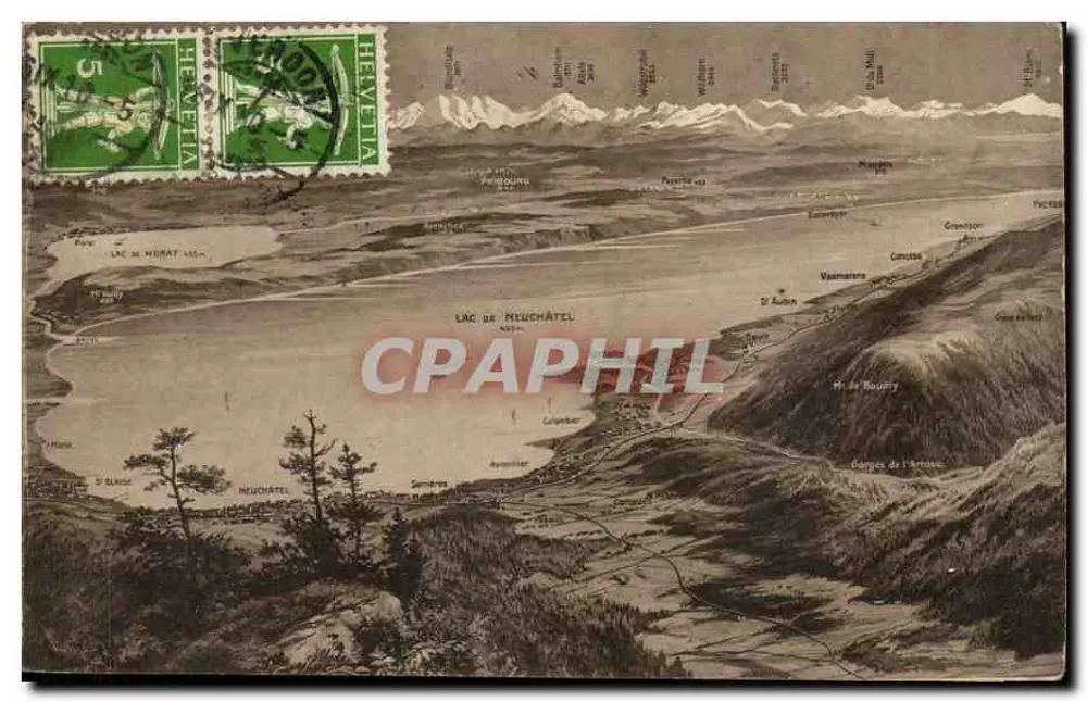 Lago de Neuchâtel — vista panorâmica — Edições Louis Burgy, Lausanne - Frente