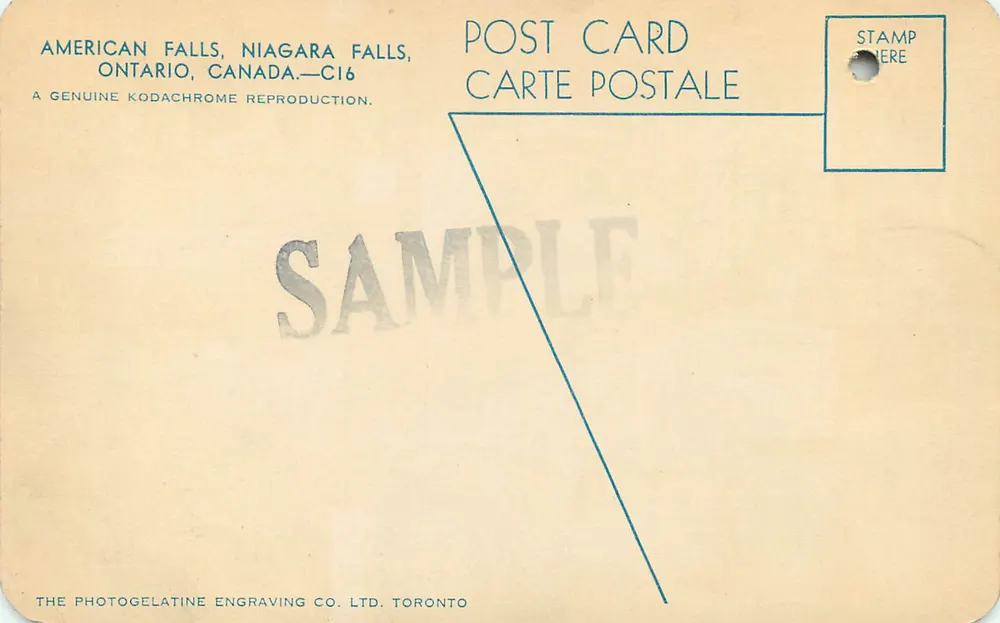 Niagara Falls — Amerikaanse Waterval — The Photogelatine Engraving Co. Ltd. Toronto — CI6 - Achterkant