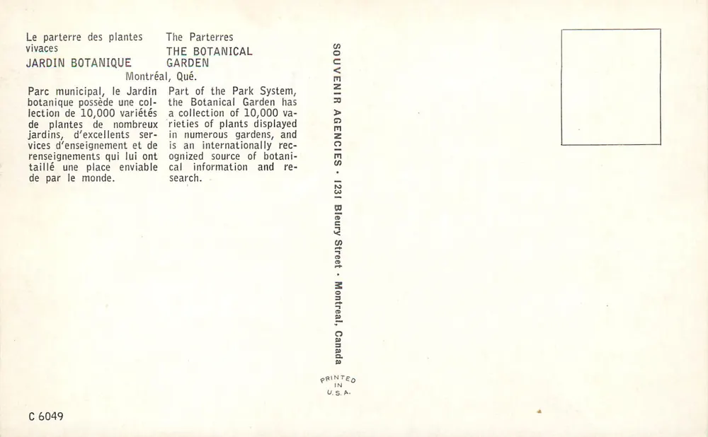 Jardim Botânico — Montreal, Canadá — Souvenir Agencies - Verso