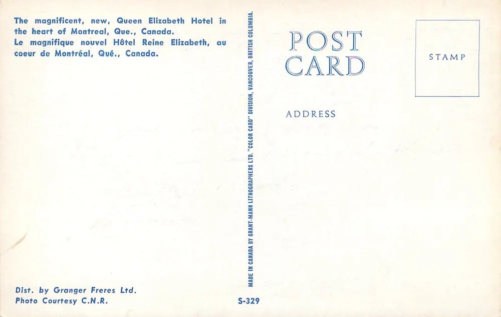 Hotel Queen Elizabeth — Montreal, Quebec, Canada — Granger Frères Ltd. S-329 - Rückseite