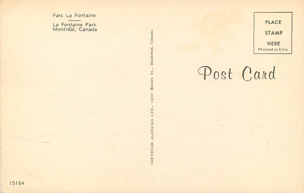 Parque La Fontaine — Montreal, Canadá — SOUVENIR AGENCIES LTD. - Verso