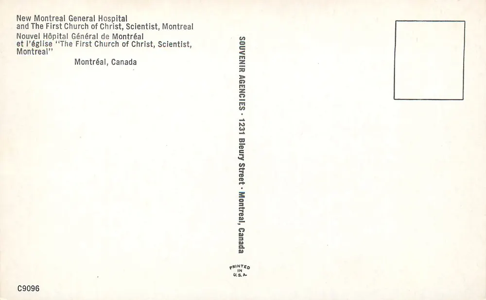 New Montreal General Hospital und The First Church of Christ, Scientist, Montreal — Souvenir Agencies, Montreal - Rückseite