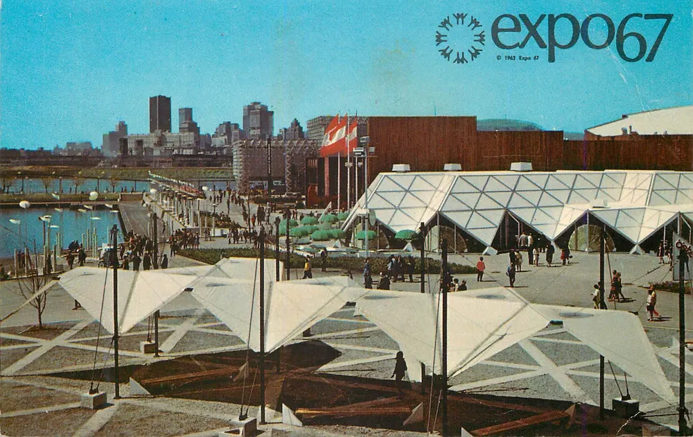 Expo 67 — Überblick über Île Sainte-Hélène — Verlag Plastichrome of Canada, Seriennummer © 1963 Expo 67 - Vorderseite