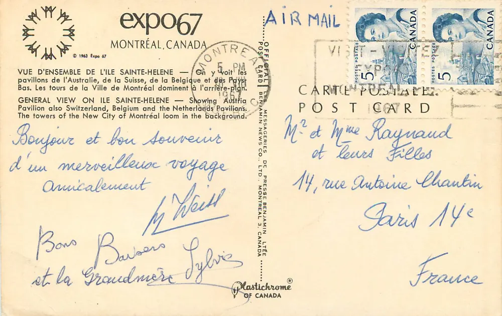 Expo 67 — Überblick über Île Sainte-Hélène — Verlag Plastichrome of Canada, Seriennummer © 1963 Expo 67 - Rückseite