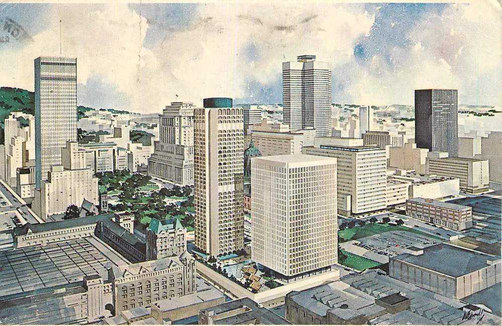Montréal — dzielnica biznesowa widziana z południa — News Co. 425 Guy St. Montreal - Awers