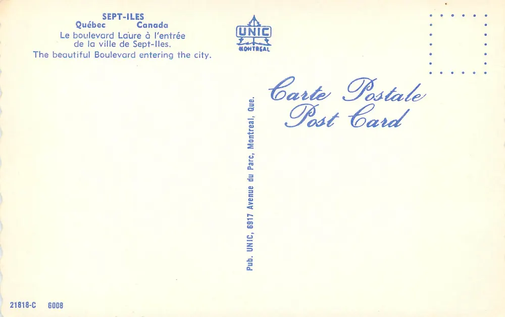 Boulevard Laure am Eingang der Stadt Sept-Îles — Québec, Kanada — Verlag UNIC, Nr. 21818-C - Rückseite
