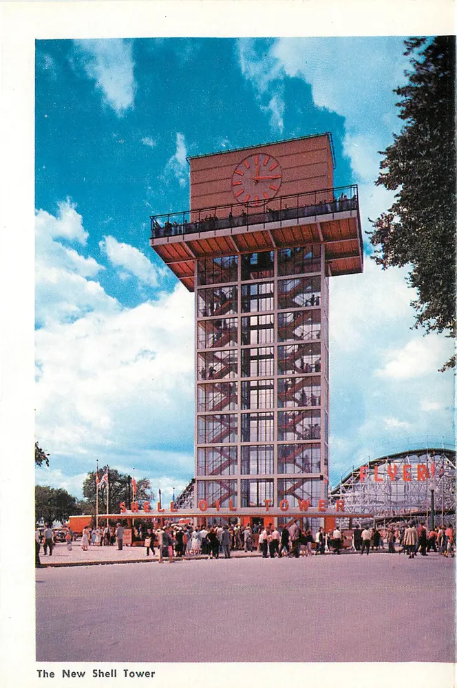 Grandstand und Abschnitt des Midways — Shell Tower — Weltmesse 1964-1965 - Rückseite