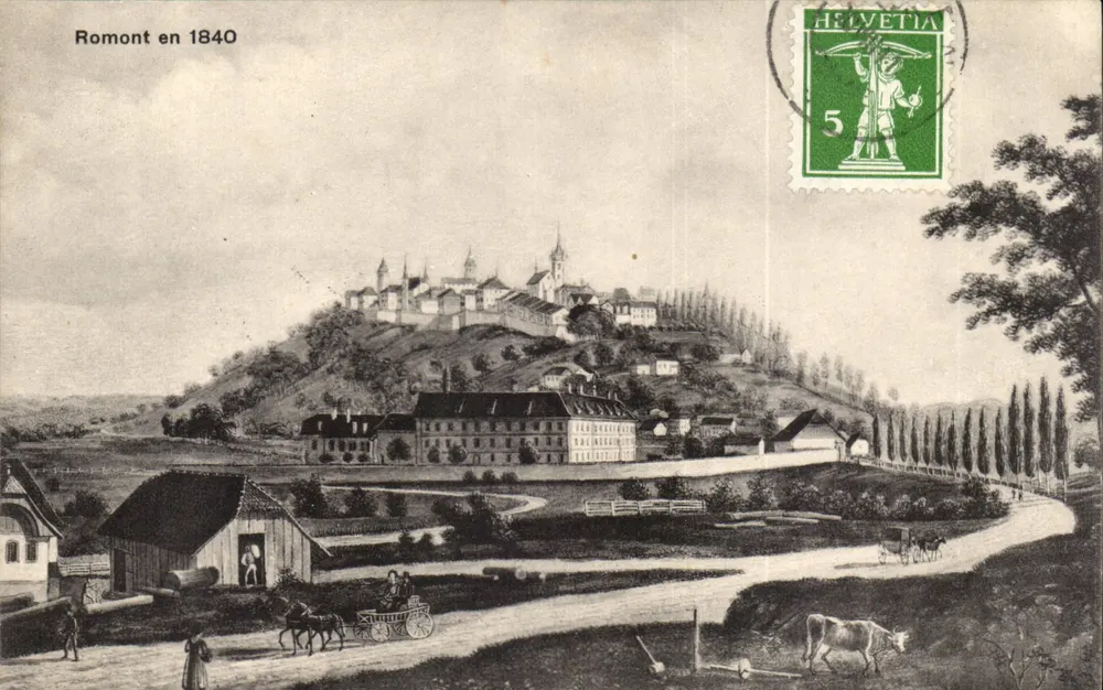 Romont em 1840 — vista histórica — Editor N. Albert, Fot., Romont - Frente