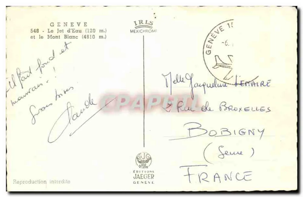 Genf — Der Jet d'Eau (120 m.) und der Mont Blanc (4810 m.) — Éditions Jaeger - Rückseite