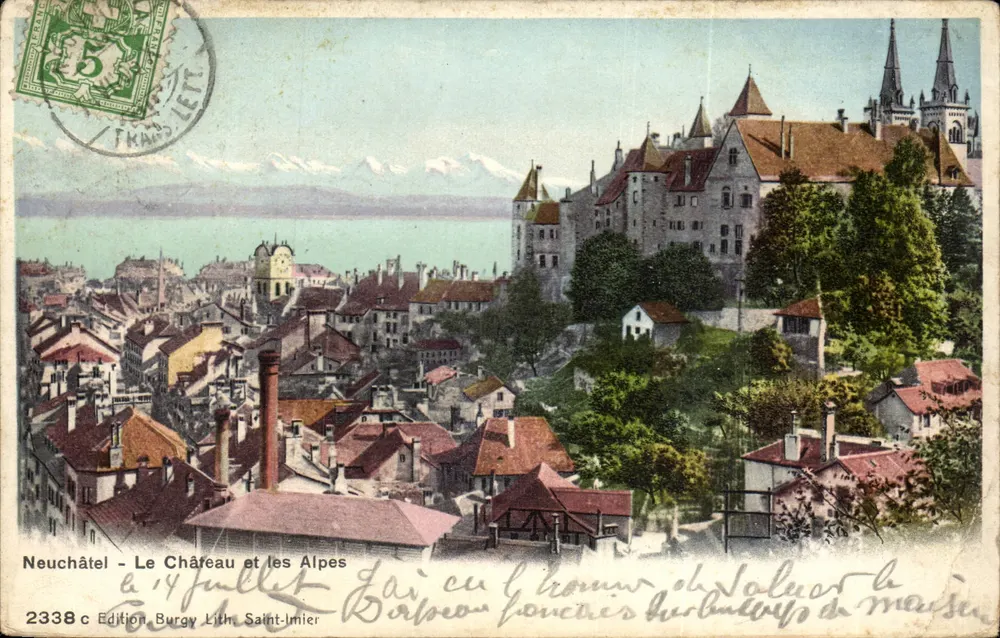 Neuchâtel - Le Château et les Alpes — Édition Burgy Litho, Saint-Imier, n° 2338 c - Recto