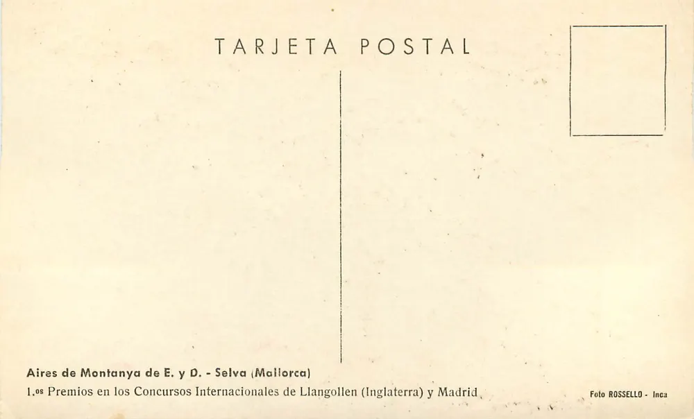 Aires de Montanya de E. y D. - Selva (Mallorca) — Prêmios em concursos internacionais — Foto ROSSELLO - Inca - Verso