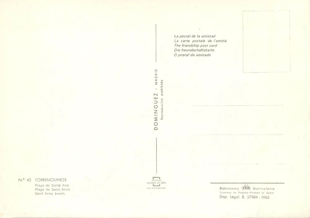 Praia de Saint Anne — Torremolinos — Editor Dominguez Escudo de Oro, n° 40 - Verso