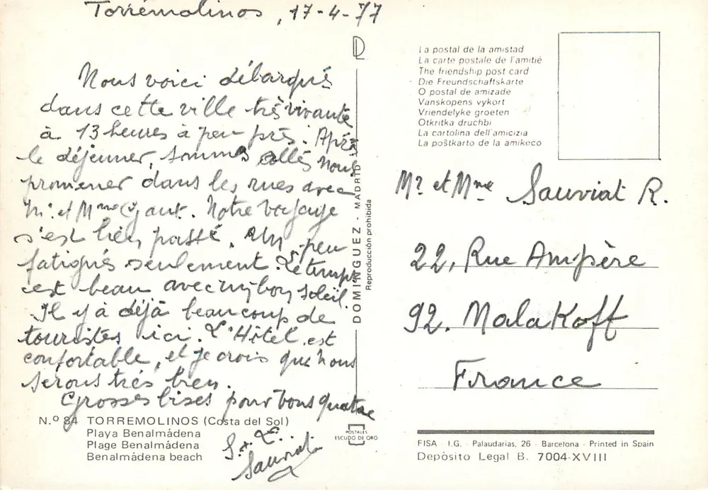 Torremolinos — Praia de Benalmádena — FISA I.G. Palaudarias, 26, Barcelone - Verso