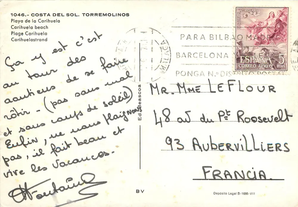 Torremolinos — Praia de Carihuela — Ed. Beascoa n°1046 - Verso