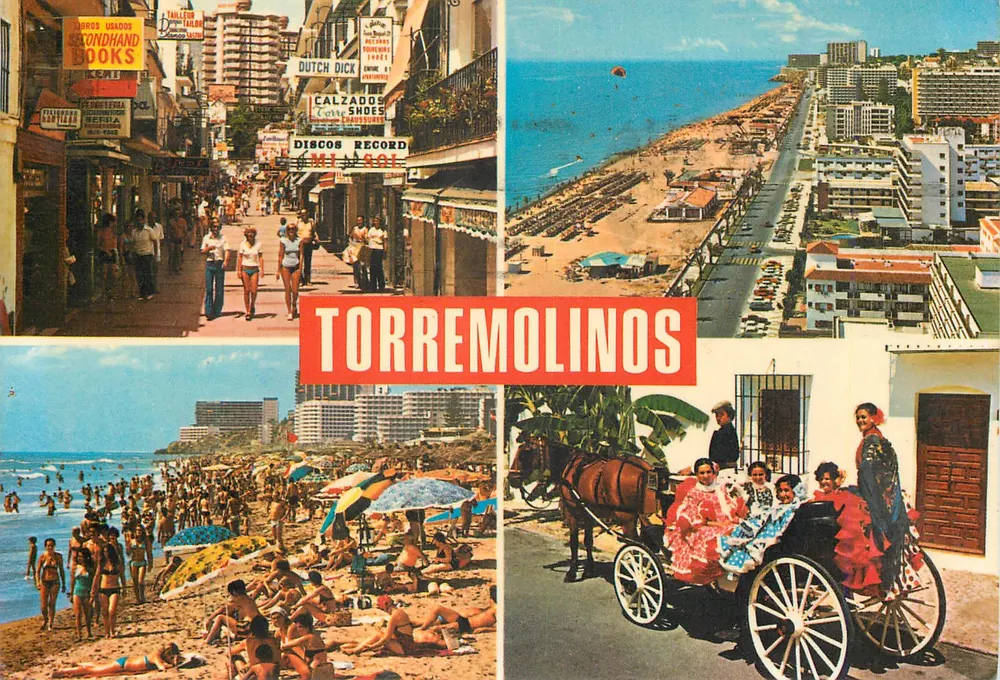 Torremolinos — vista da praia, rua comercial e carruagem — editor Dépôt Legal B. 50.699 XVIII - Frente
