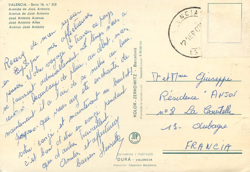 Avenida de José Antonio — Valência — Kolor-Zerkowitz, série 19, n° 212 - Verso