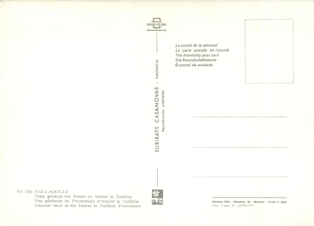 Valladolid — Allgemeiner Blick auf den Paseo de Isabel la Católica — Verlag Subirats Casanovas, Nr. 156 - Rückseite
