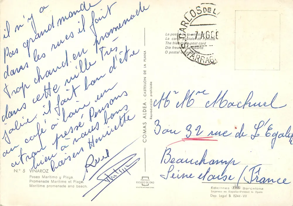 Vinaroz — Paseo Marítimo y Playa — Éd. Castellón de la Plana, N° 5 - Verso