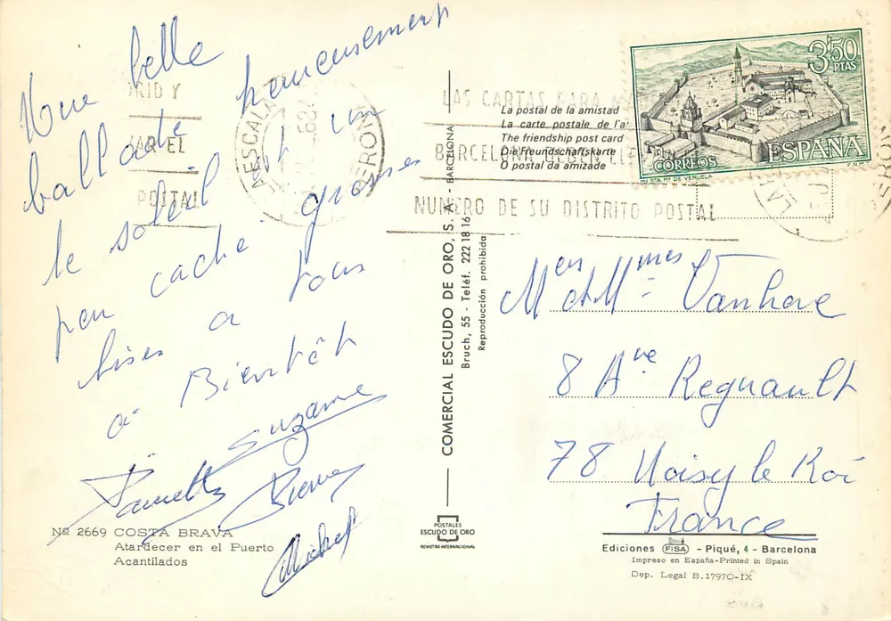 Costa Brava — Carta postal turística com mapa e paisagens — Editor Comercial Escudo de Oro, n° 2669 - Verso