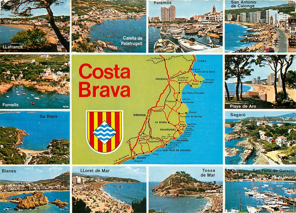 Costa Brava — Carta postal panorâmica com mapa e vistas das estações — SADAMICOLY, Riadís, 1960 - Frente