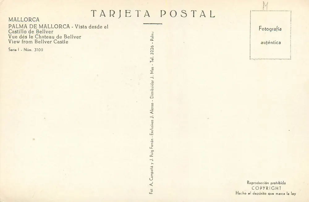 Palma de Mallorca — Ansicht vom Bellver Schloss — Verlag J. Alomar, Serie I Nr. 3100 - Rückseite