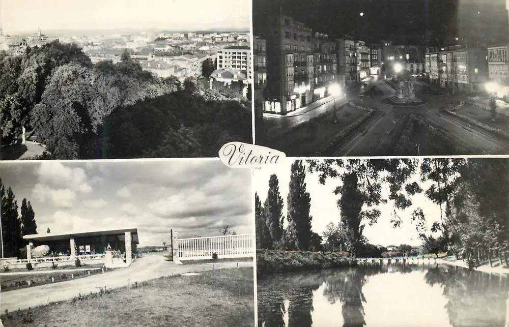 Vitoria — Panoramablick, Plazza Virgen Blanca bei Nacht, Campingplatz und künstlicher See — Éditions J.M. Zaregoza - Vorderseite