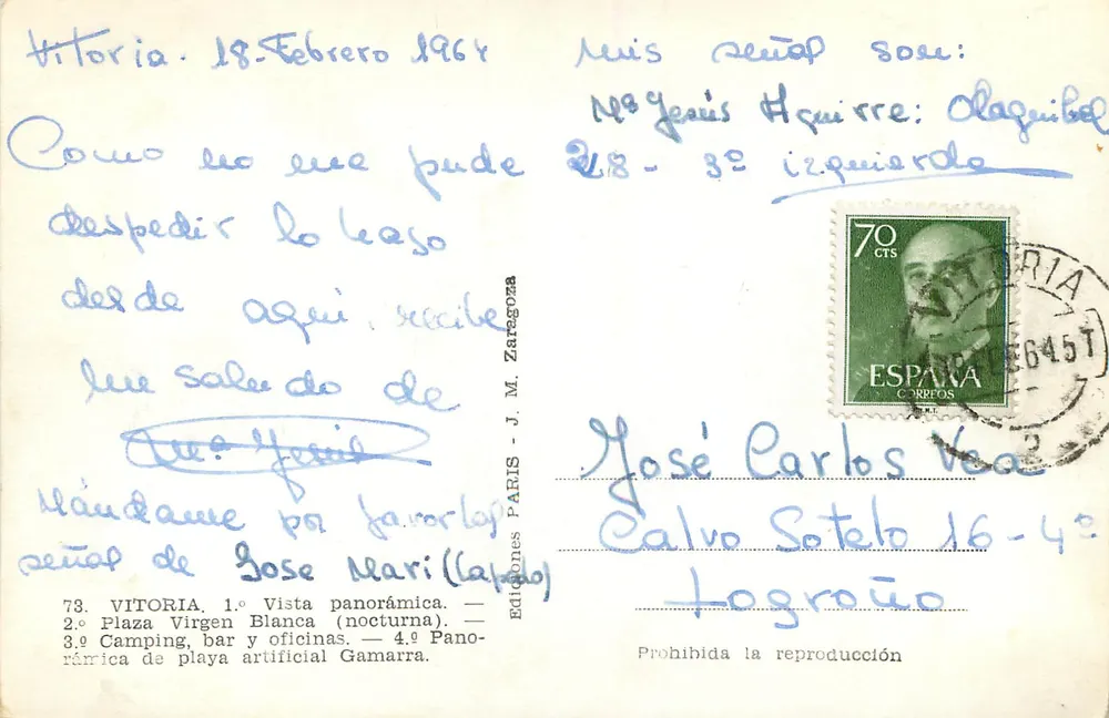 Vitoria — Panoramablick, Plazza Virgen Blanca bei Nacht, Campingplatz und künstlicher See — Éditions J.M. Zaregoza - Rückseite
