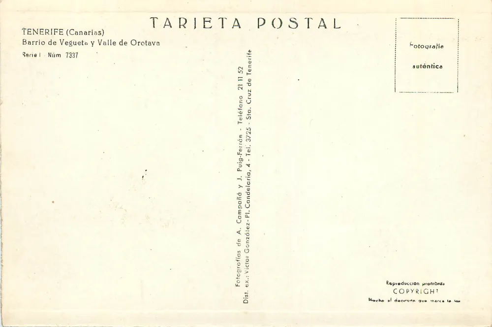 Küstenblick von Tenerife — Barrio de Vegueta und Valle de Orotava — Tarieta Postal n° 7337 - Rückseite