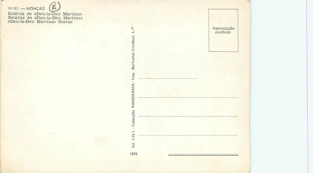 Monção — Estátua de Deu-la-Deu Martins — Éd. S.N.I. - Imp. Bertrand - Verso